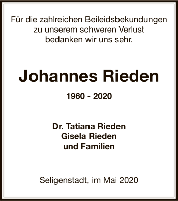 Todesanzeige von Johannes Rieden von OF