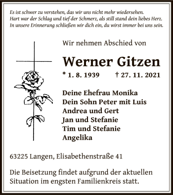 Todesanzeige von Werner Gitzen von OF