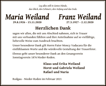 Todesanzeige von Maria und Franz Weiland von OF