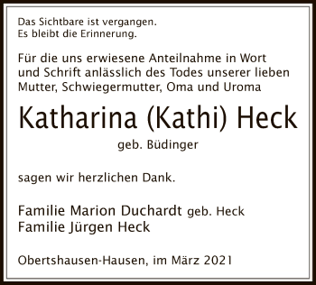 Todesanzeige von Katharina Heck von OF