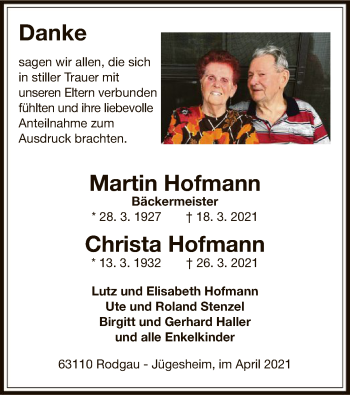 Todesanzeige von Martin und Christa Hofmann von OF