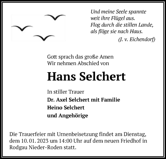 Todesanzeige von Hans Selchert von OF