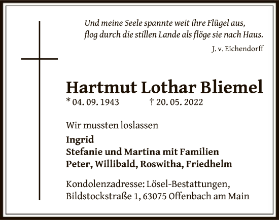 Todesanzeige von Hartmut Lothar Bliemel von OF