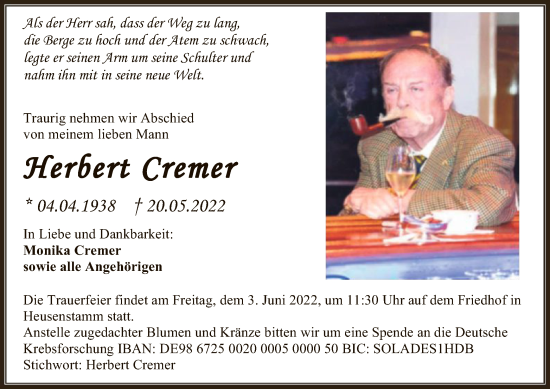 Todesanzeige von Herbert Cremer von OF