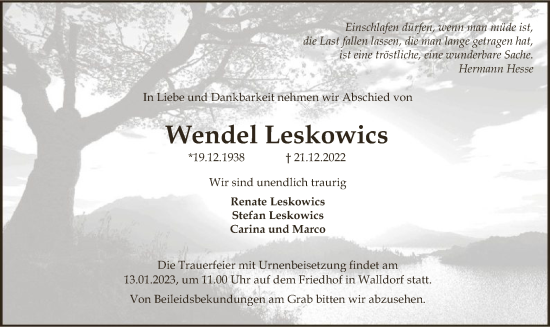 Todesanzeige von Wendel Leskowics von OF