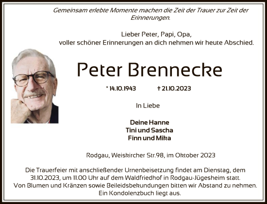 Todesanzeige von Peter Brennecke von OF