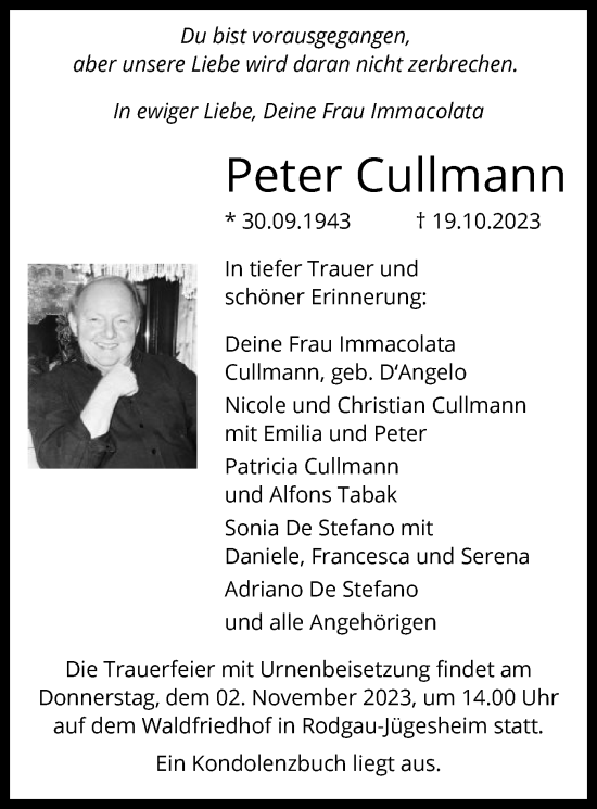 Todesanzeige von Peter Cullmann von OF