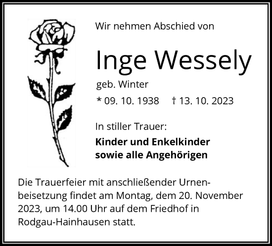 Todesanzeige von Inge Wessely von OF