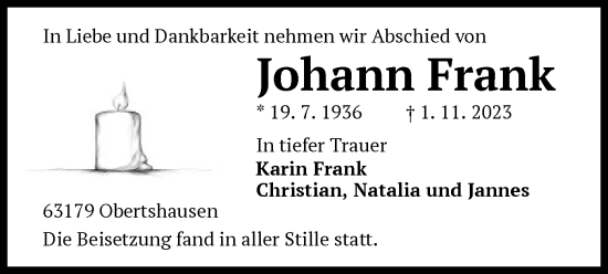 Todesanzeige von Johann Frank von OF