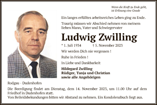 Todesanzeige von Ludwig Zwilling von OF