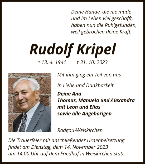 Todesanzeige von Rudolf Kripel von OF
