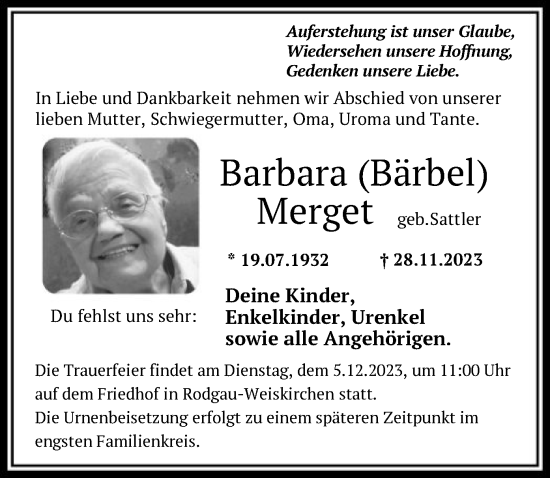 Todesanzeige von Barbara Merget von OF