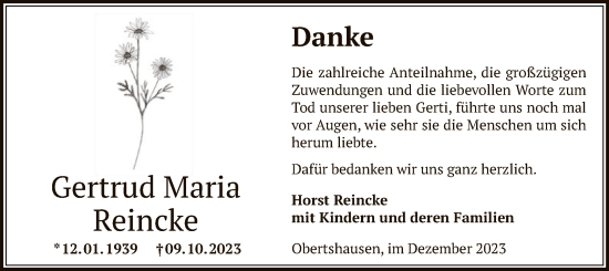 Todesanzeige von Gertrud Maria Reincke von OF