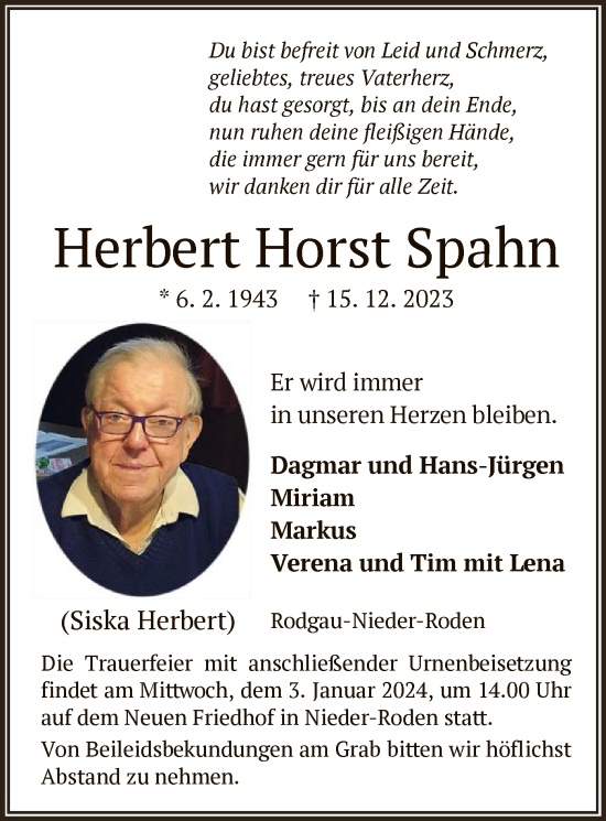 Todesanzeige von Herbert Horst Spahn von OF