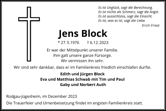 Todesanzeige von Jens Block von OF