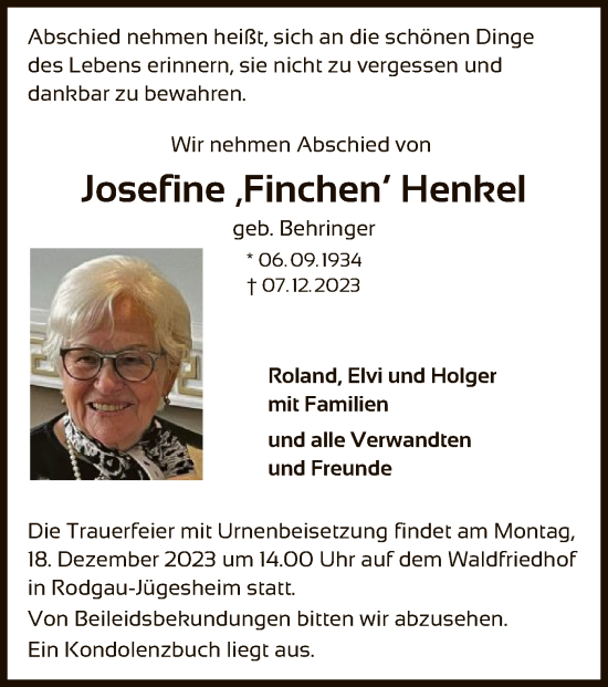 Todesanzeige von Josefine Henhel von OF