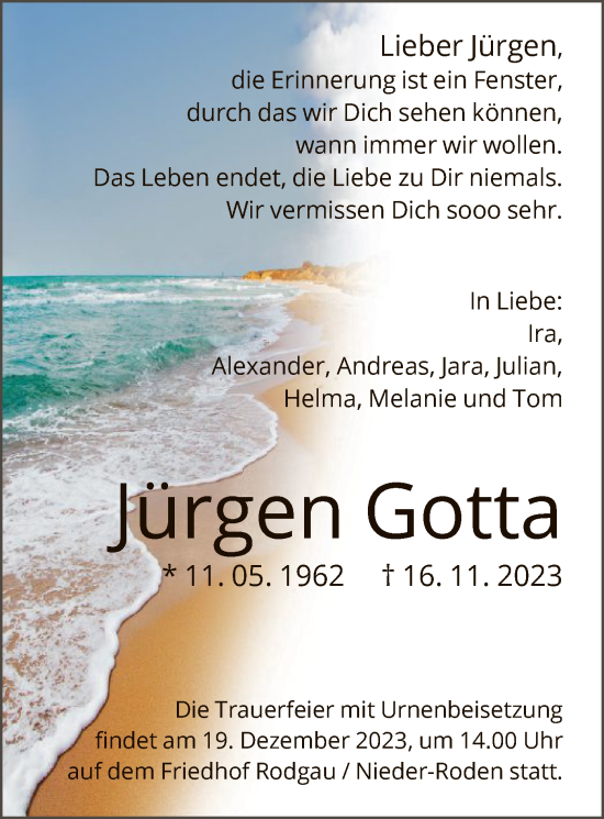 Todesanzeige von Jürgen Gotta von OF