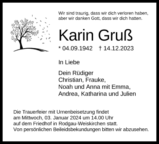 Todesanzeige von Karin Gruß von OF