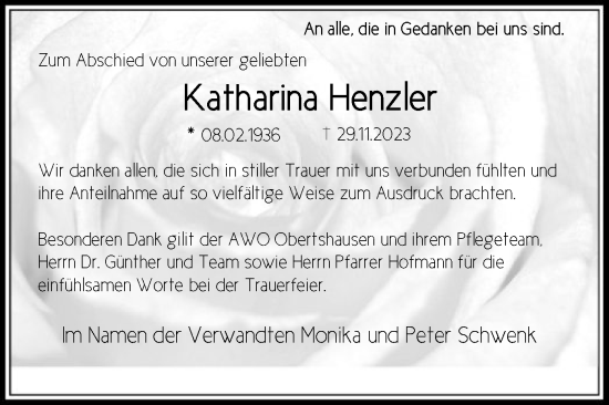 Todesanzeige von Katharina Henzler von OF