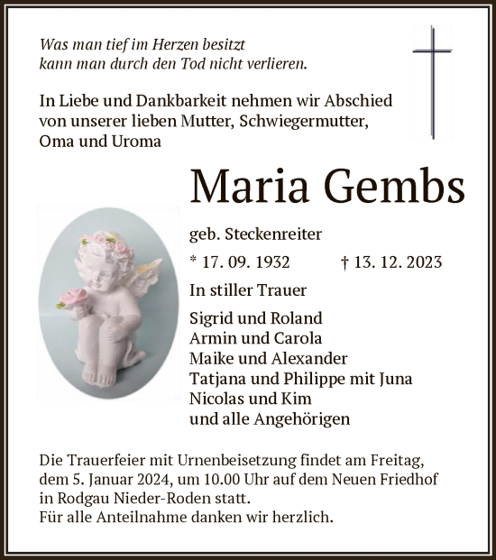 Todesanzeige von Maria Gembs von OF