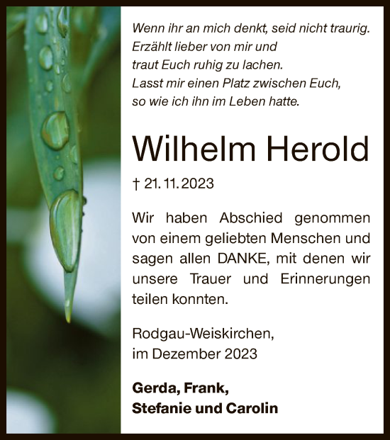 Todesanzeige von Wilhelm Herold von OF
