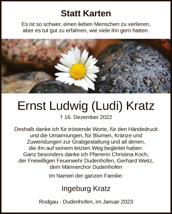 Todesanzeige von Ernst Ludwig Kratz von OF