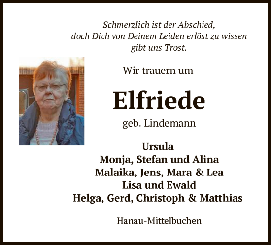 Todesanzeige von Elfriede  von OF