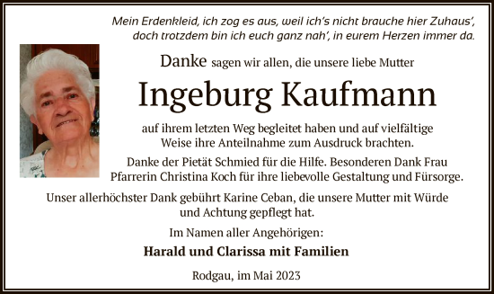 Todesanzeige von Ingeburg Kaufmann von OF