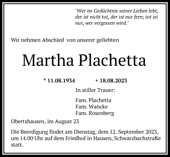 Todesanzeige von Martha Plachetta von OF