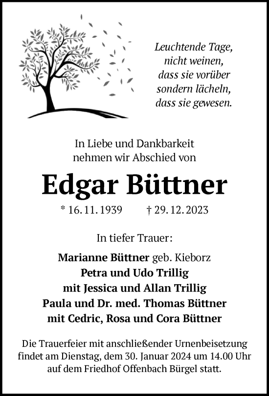 Todesanzeige von Edgar Büttner von OF