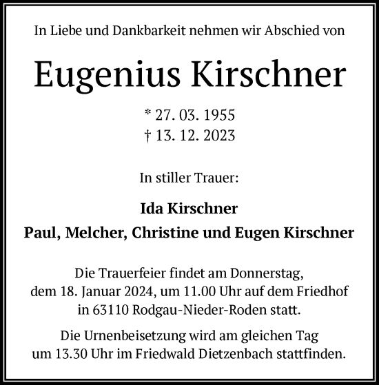 Todesanzeige von Eugenius Kirschner von OF