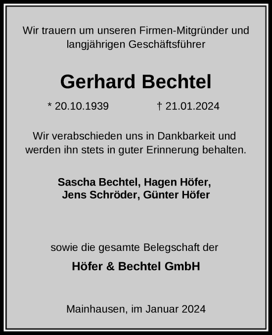 Todesanzeige von Gerhard Bechtel von OF