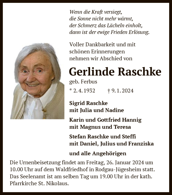 Todesanzeige von Gerlinde Raschke von OF