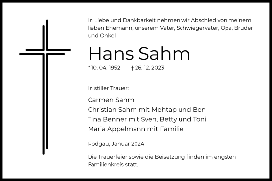 Todesanzeige von Hans Sahm von OF