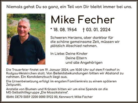 Todesanzeige von Mike Fecher von OF