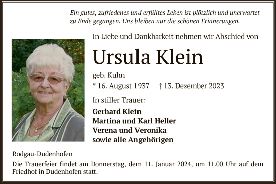 Todesanzeige von Ursula Klein von OF