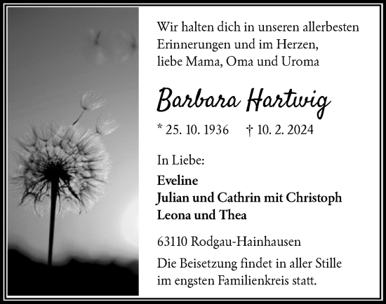 Todesanzeige von Barbara Hartwig von OF