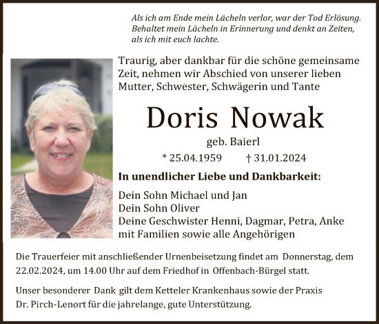 Todesanzeige von Doris Nowak von OF
