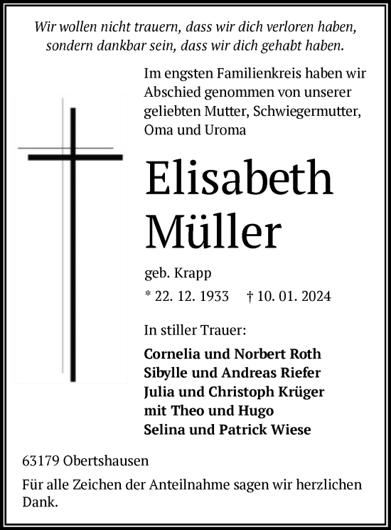 Todesanzeige von Elisabeth Müller von OF