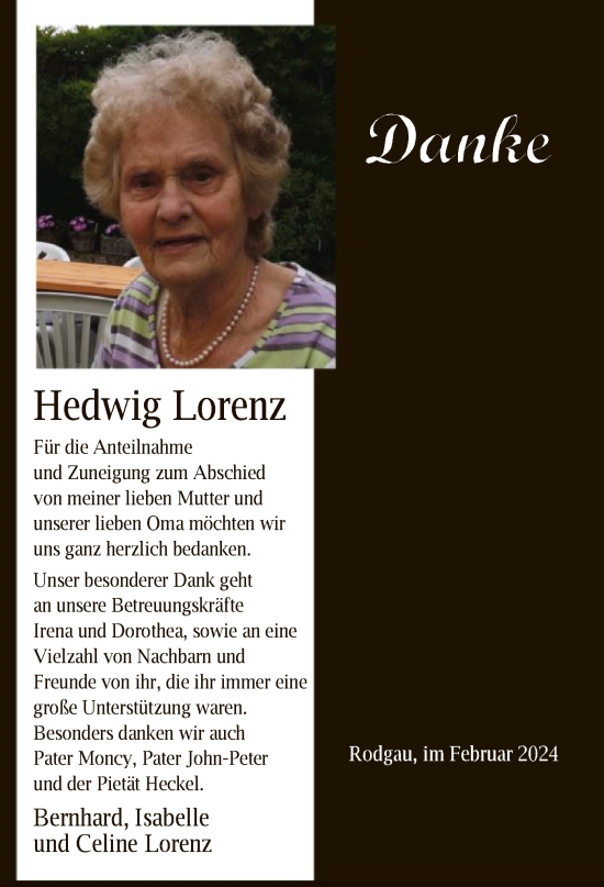 Todesanzeige von Hedwig Lorenz von OF