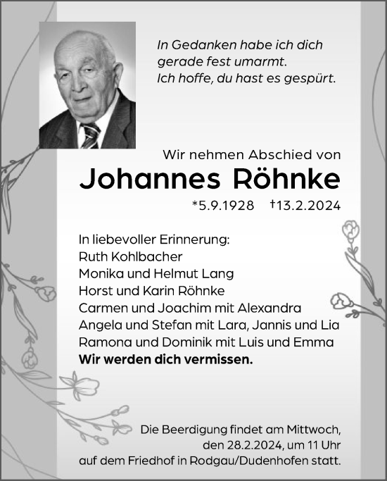 Todesanzeige von Johannes Röhnke von OF