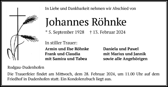 Todesanzeige von Johannes Röhnke von OF