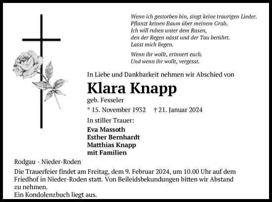 Todesanzeige von Klara Knapp von OF