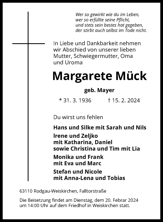 Todesanzeige von Margarete Mück von OF