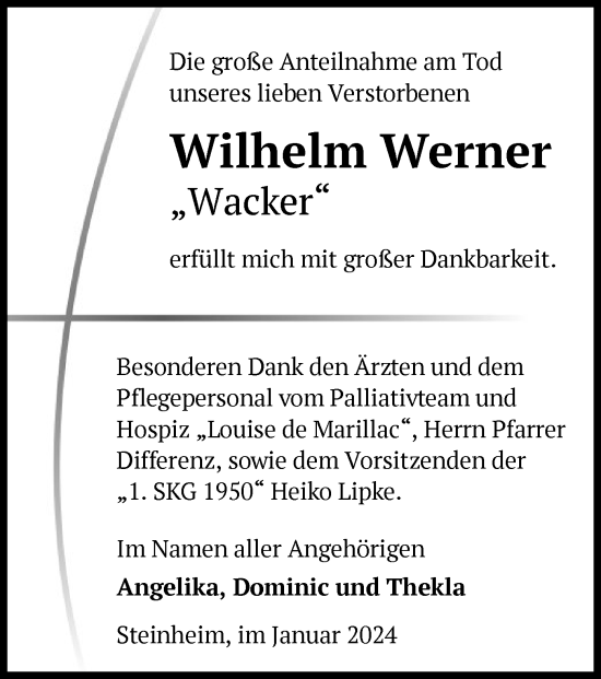 Todesanzeige von Wilhelm Werner von OF