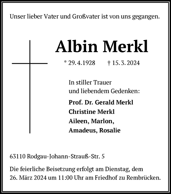 Todesanzeige von Albin Merkl von OF