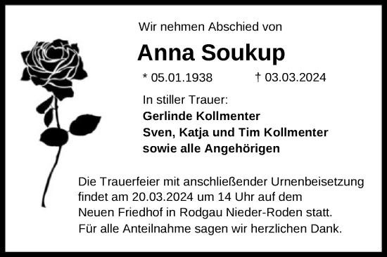 Todesanzeige von Anna Soukup von OF