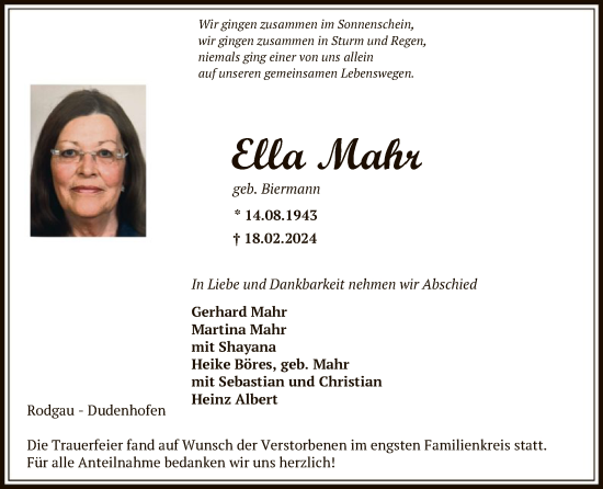 Todesanzeige von Ella Mahr von OF