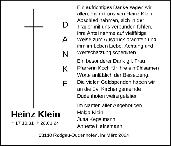 Todesanzeige von Heinz Klein von OF