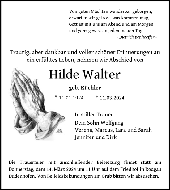 Todesanzeige von Hilde Walter von OF